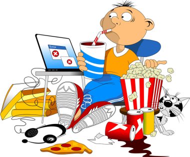 Dağınık odasında, tabletinde interneti karıştıran bir gencin tasviri.