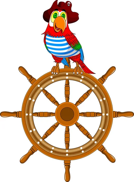 Beautiful Parrot Pirate Hat Sitting Wheel Ship Vector — Stock Vector