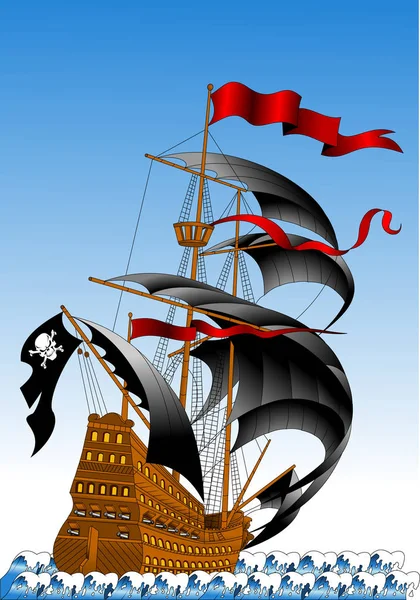 Galeón Pirata Con Velas Pistolas Negras Vector Ilustración — Vector de stock