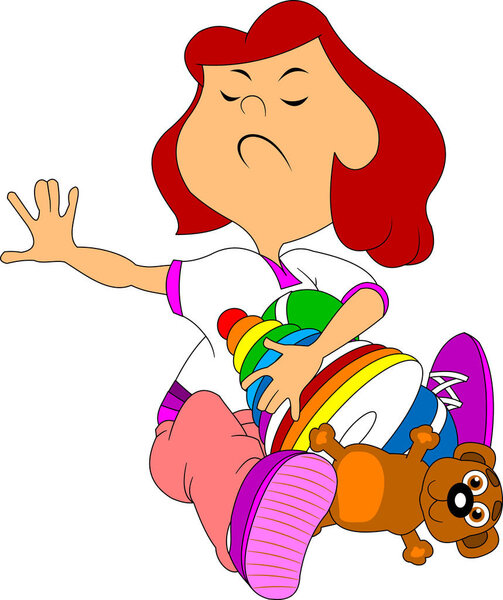 very greedy little girl doesn't want to share toys, vector and illustration