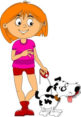 Kız karakter köpek karakteri ile yürüyor. Vektör düz çizgi film çizimi