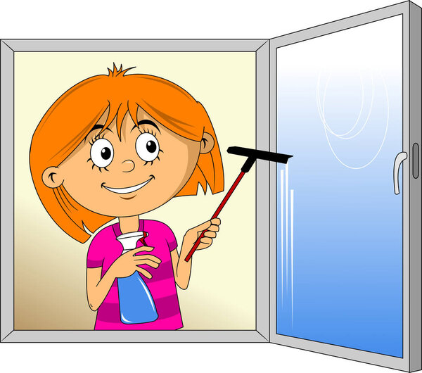 Vector cartoon girl rag detergent washes glas