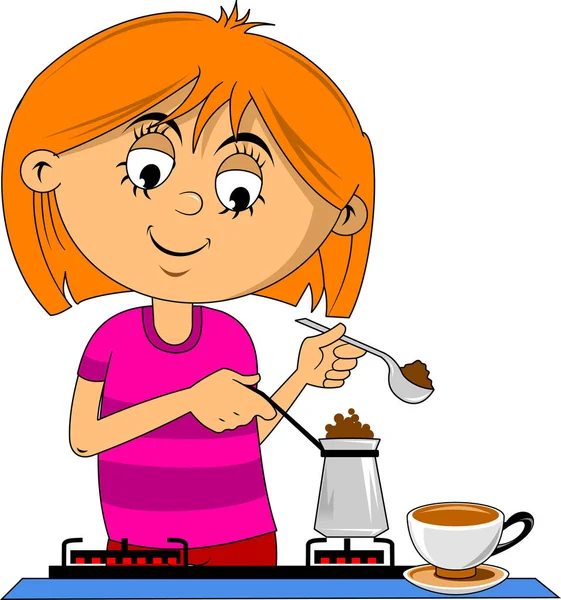 少女清早煮咖啡 病媒和解说 — 图库矢量图片
