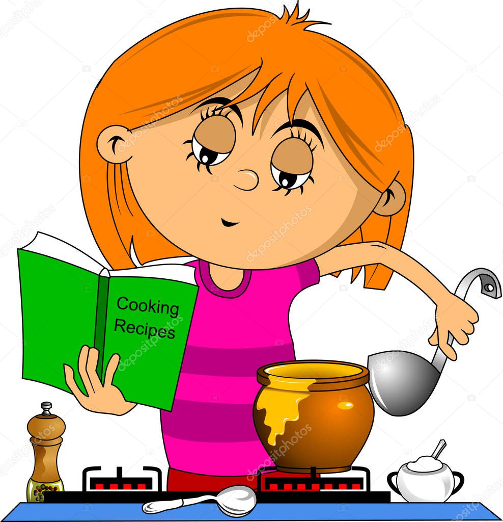 little girl cooks soup in the kitchen, vector and illustratio