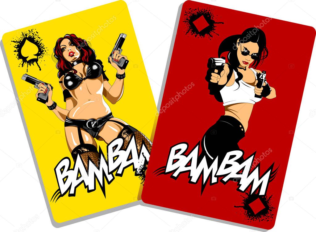 two girls criminals and man with guns in their hands, vector and illustratio