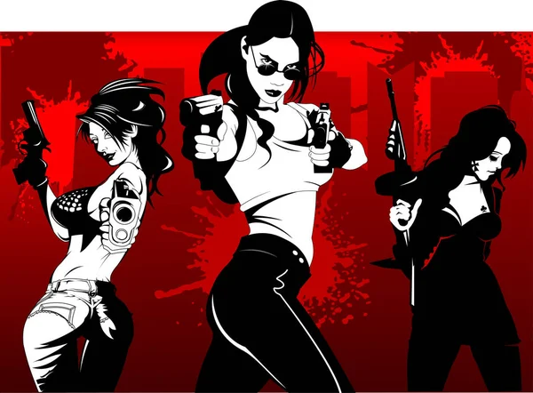 Três Meninas Criminosos Com Armas Suas Mãos Vetor Ilustratio — Vetor de Stock