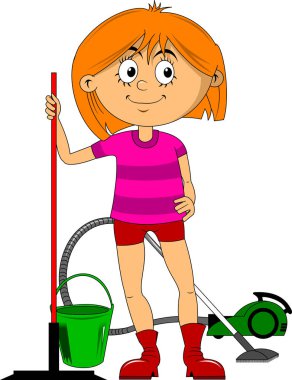 Yerler için fırçası olan güzel bir kadın. Servis ev temizliği