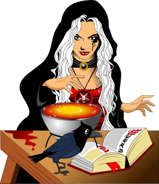 Beyaz saçlı, kırmızı elbiseli genç cadı.