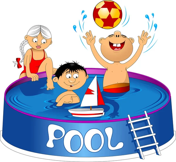 Ilustración Dibujos Animados Vectoriales Niños Bañándose Una Piscina Inflable Aire — Vector de stock