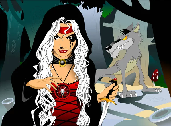 黑红相间的女巫和狼 — 图库矢量图片