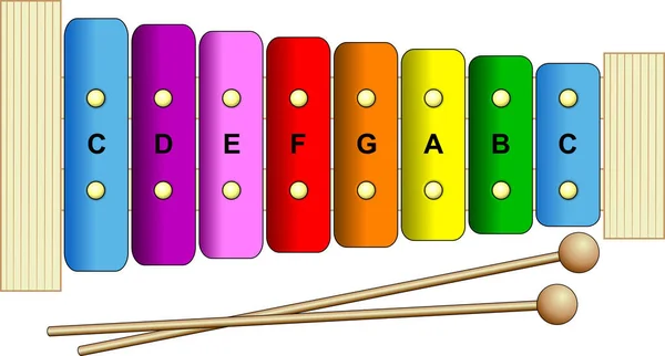 Kindermusikinstrument Xylophon Mit Acht Farbigen Metallplatten Isoliert Auf Weißem Hintergrund — Stockvektor