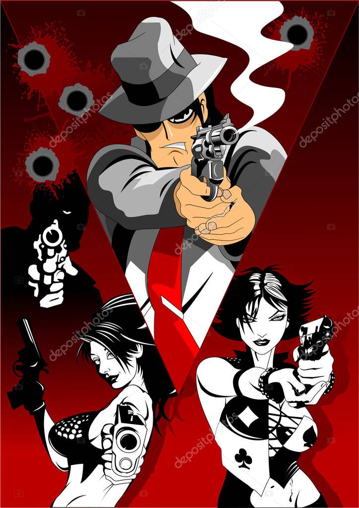 Man and woman in black suits with a weapon, vector and illustratio