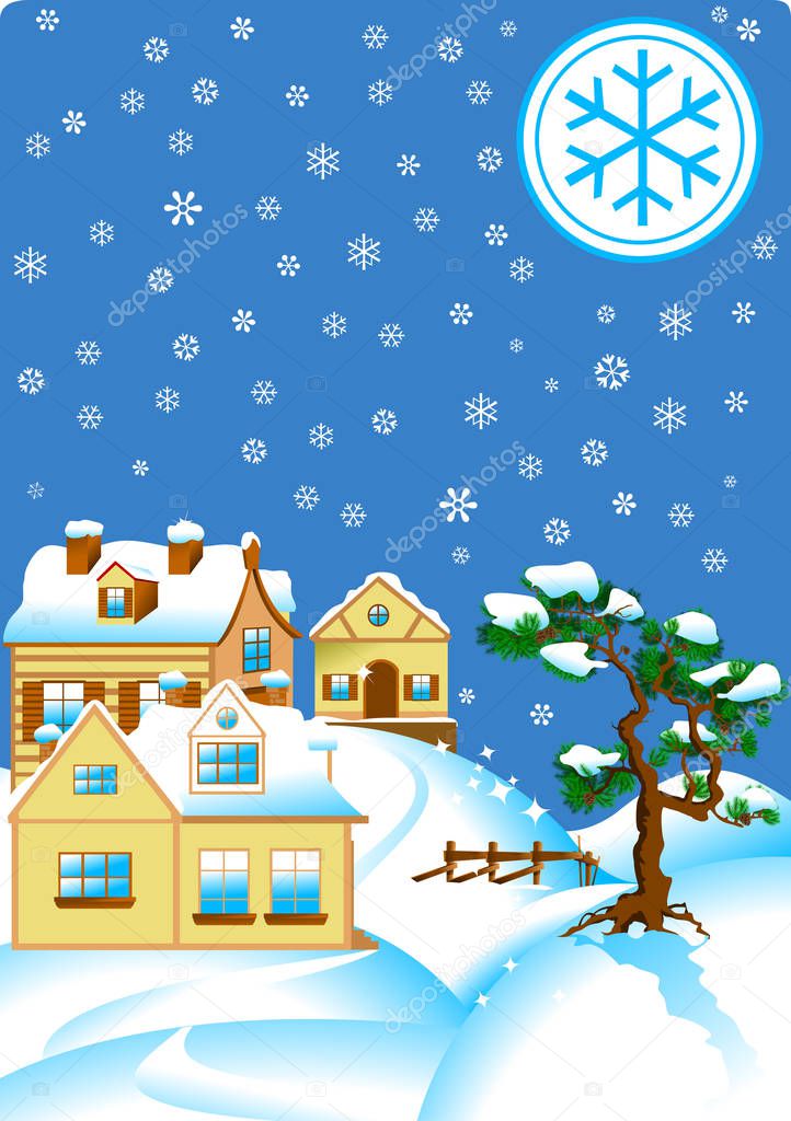 snowy sunny day in a small village, vector and illustratio
