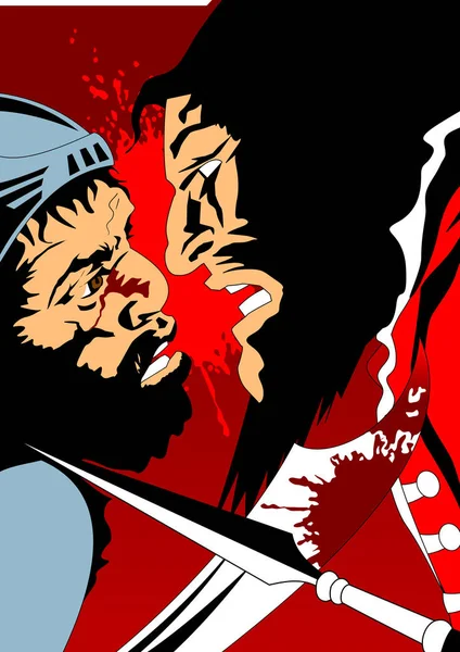 Bataille Deux Guerriers Médiévaux Vecteur Illustration — Image vectorielle