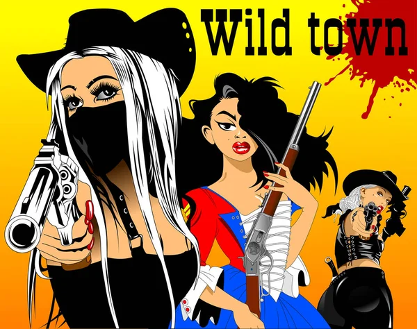 Três Mulheres Com Armas Roupa Dos Tempos Oeste Selvagem Vetor — Fotografia de Stock