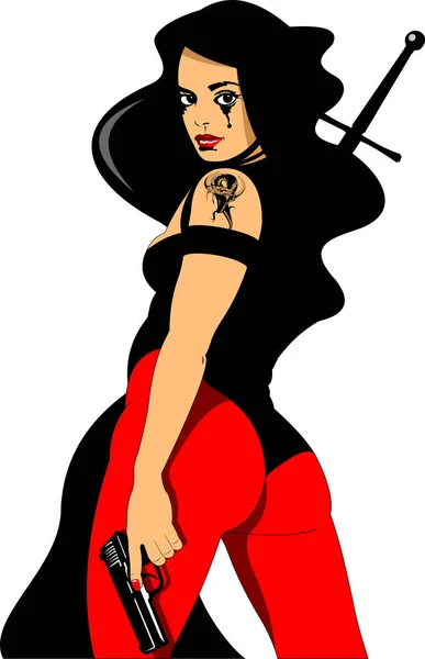 Vrouw Zwarte Mantel Met Zwaard Pistool Vector Illustratie — Stockfoto