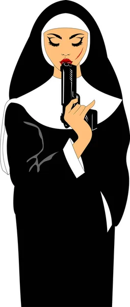 Nun Black Robe Black Pistol Vector Illustratio — Stock Photo, Image