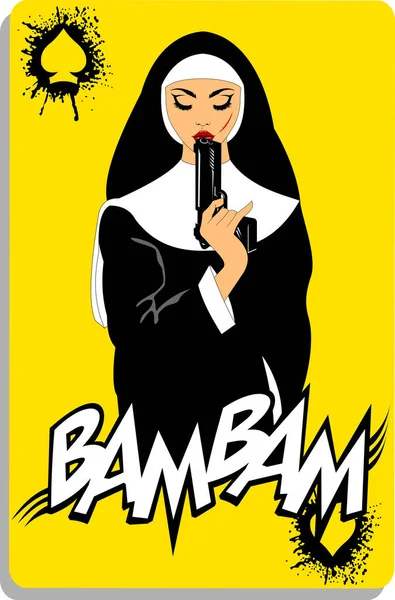 Монахиня Черном Халате Черным Пистолетом Вектором Иллюстрацией — стоковое фото