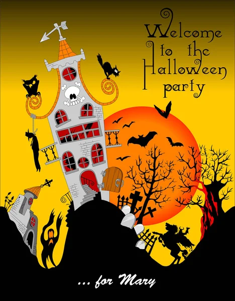 Ilustración Vectorial Halloween Invitación Halloween Vieja Bruja Embrujada —  Fotos de Stock