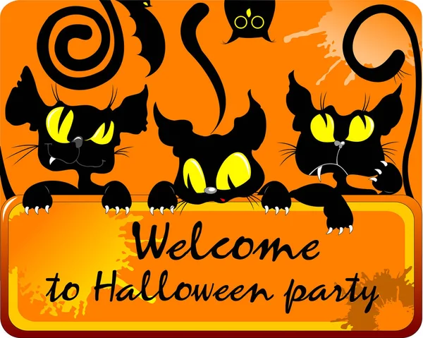 ハロウィンベクトルイラスト 3匹の黒猫がハロウィンパーティーに友達を招待 — ストック写真
