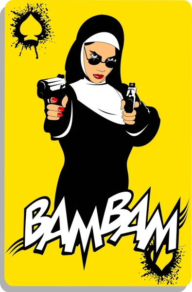 Nun Black Robe Black Pistol Vector Illustration — Stock Photo, Image