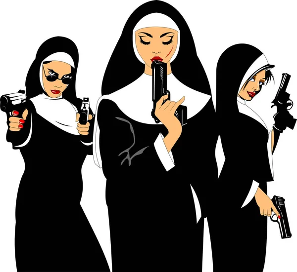 Tres Hermosas Monjas Con Pistola Negra Vector Ilustración — Foto de Stock