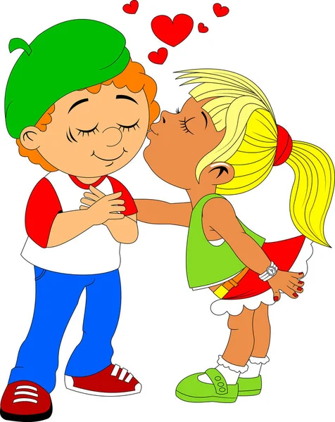 一个黄头发的小女孩吻了一个戴着绿色贝雷帽的男孩 — 图库照片