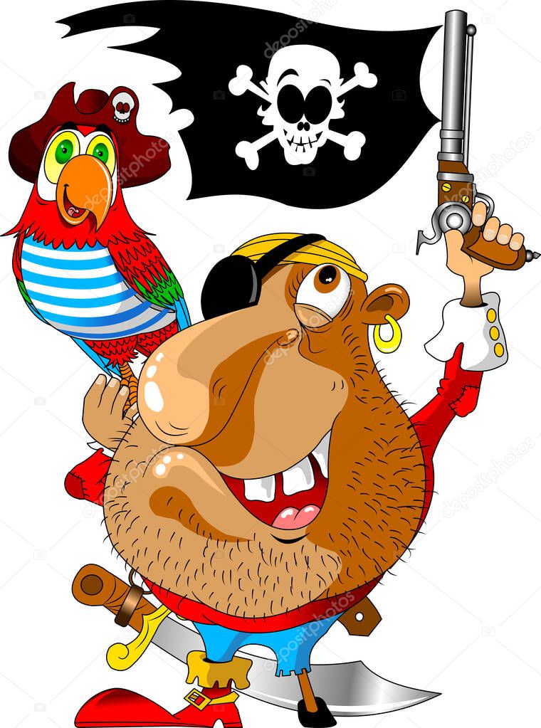 scary and evil pirate with a parrot on his shoulder and a gun in his han