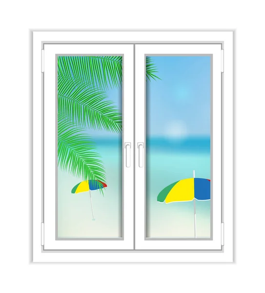 Ventana Plástico Con Vistas Mar Palmera Playa Ilustración Verano Sobre — Archivo Imágenes Vectoriales