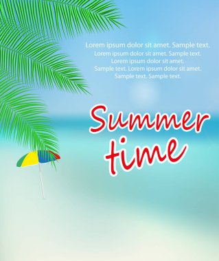 Deniz kenarındaki güzel görünümü ile palmiye yaprakları ve plaj. Yaz tatili. Vektör çizim.