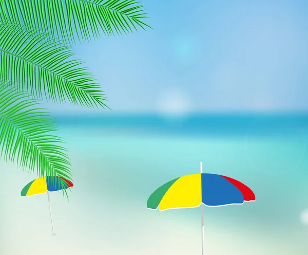 Hermosa Vista Mar Con Hojas Palmera Playa Vacaciones Verano Ilustración — Vector de stock