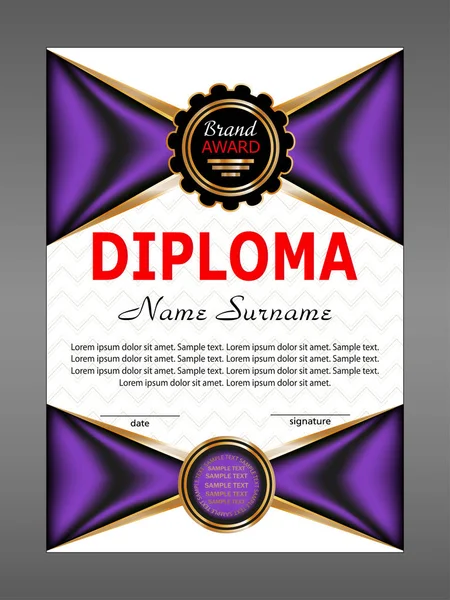 紫要素デザインの背景を持つ垂直卒業証書または証明書テンプレート ベクトル図 — ストックベクタ