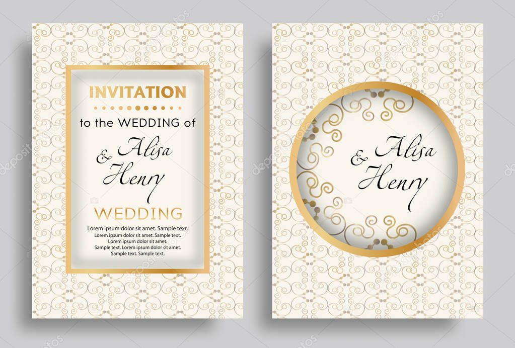 Wedding invitation template. Set elegant background with golden ornaments greeting card. Vector illustration.