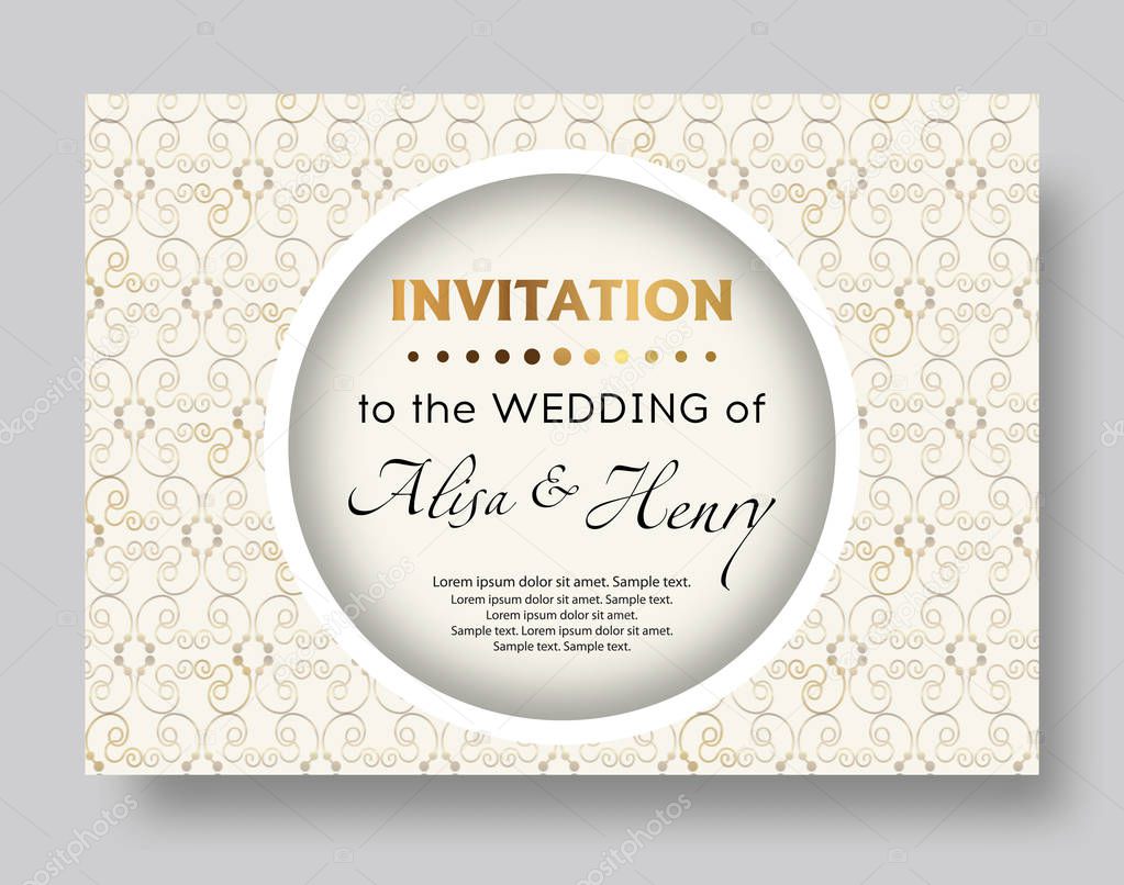 Wedding invitation template. Elegant background with golden ornaments and circle greeting card. Vector illustration.