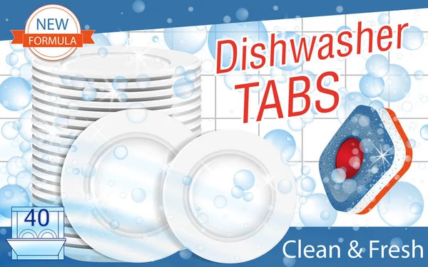 Diskmaskin Tvättmedel Flikar Paketet Design Realistisk Illustration Med Plattor Bubblor — Stock vektor