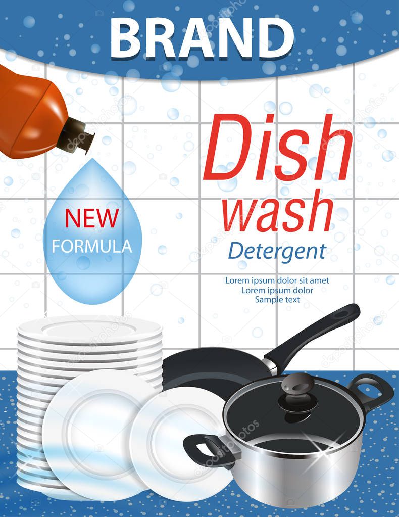 Dishwashing liquid products with stack plates, saucepan and frying pan. Bottle label package design. Dish wash advertisement poster layout. Vector illustration.