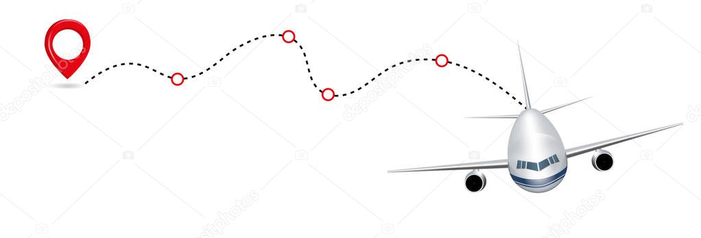 Airplane route in dotted line shape isolated on white background. Abstract concept graphic element for air transportation presentation. Vector illustration.