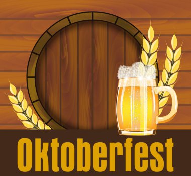 Bira Festivali Oktoberfest Almanya posteri ile taze lager bira ve ahşap tahta üzerinde varil içinde. Vektör çizim.
