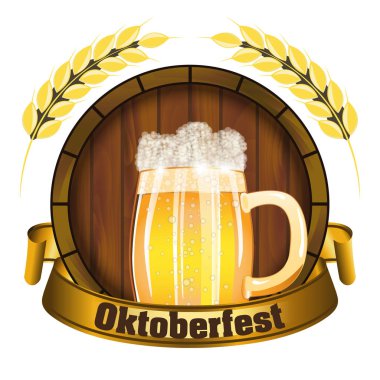 Amblem bira festivali Oktoberfest Almanya poster ya da taze lager bira ile ile banner ve varil ile şerit için. Vektör çizim.