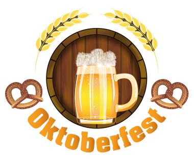 Bira Festivali Oktoberfest Almanya amblemi posteri veya başlığı ile taze lager bira, varil ve çubuk kraker için içinde. Vektör çizim.