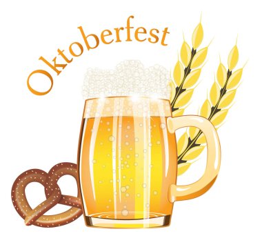 Bira Festivali Oktoberfest Almanya öğeleri tasarım posteri veya başlığı ile taze lager bira ve çubuk kraker için. Vektör çizim.