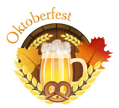 Amblem bira festivali Oktoberfest Almanya posteri veya başlığı ile taze lager bira, varil ve çubuk kraker için maple leafs. Vektör çizim.