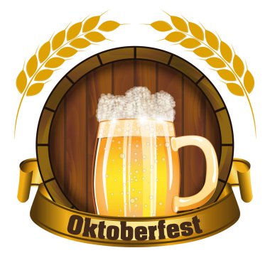 Amblem bira festivali Oktoberfest Almanya poster ya da taze lager bira ile ile banner ve varil ile şerit için. Vektör çizim.