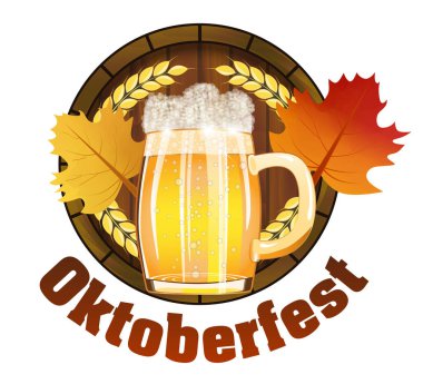 Bira Festivali Oktoberfest Almanya amblemi için posteri veya başlığı ile taze lager bira, varil ve maple leafs. Vektör çizim.