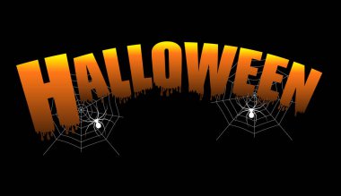 Mutlu Halloween metin afiş web ve siyah arka plan üzerine örümcek ile. Vektör çizim.