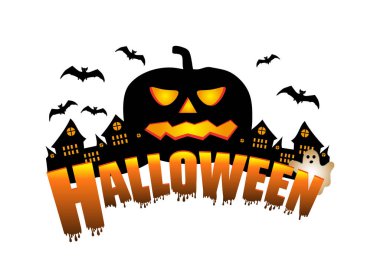 Halloween süslemeleri. İzole kabak yarasalar ve hayalet, kalenin arka plan üzerinde başlık tatil. Vektör çizim.