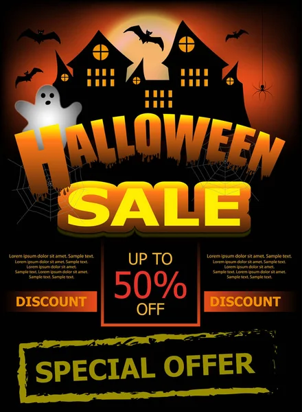 Cartel Banner Plantilla Halloween Sale Fondo Vertical Con Fantasma Castillo — Vector de stock