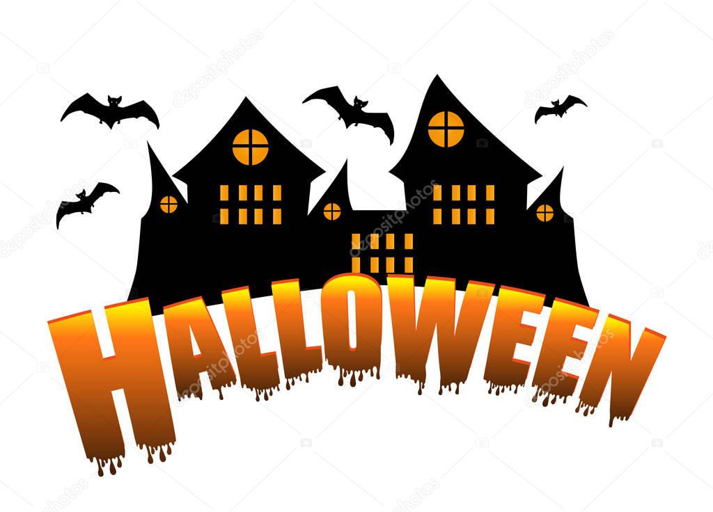 Halloween decorations. Castle and bats isolated on white background, title holiday. Vector illustration.