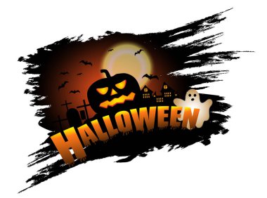 Tasarım Cadılar Bayramı öğeleri posteri veya başlığı ile kabak ve ruh için. Castle, mezarlık ve yarasalar arka plan. Vektör çizim.