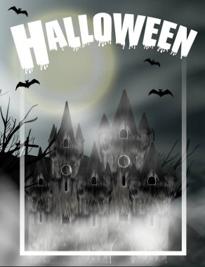 Cadılar Bayramı dikey arka plan ile sis ve dolunay Gotik kalede. Çerçeve ile fantezi gece görünümü. Vektör çizim.